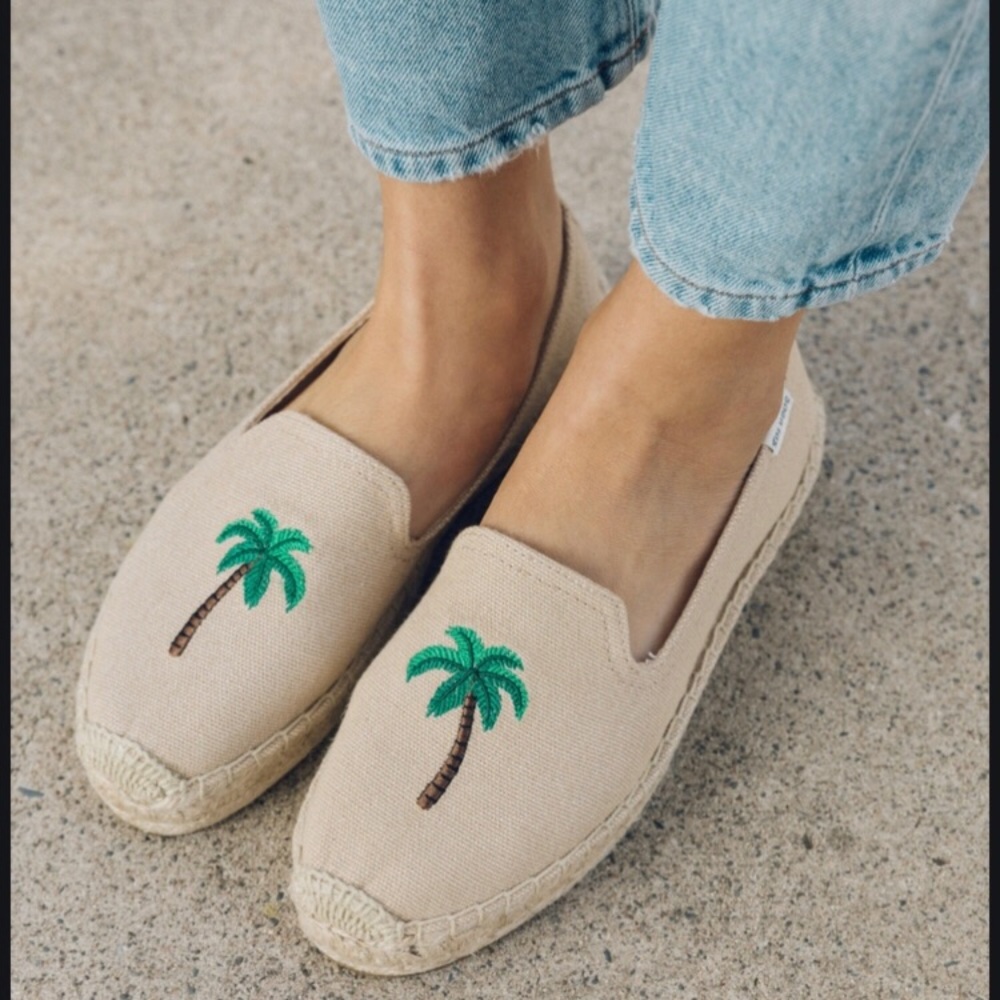 Soludos Beige Espadrille Slip-Ons with Green Palm Tree Embroidery